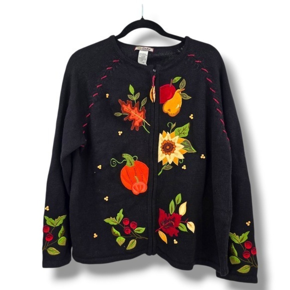 Tiara International Black Fall‎ Theme Embellished Knit Cardigan - Large